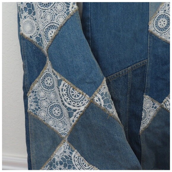 We the Free In My Element Kaleidoscope Patched High Rise Raw Hem Flare Jeans NEW - Picture 4 of 10